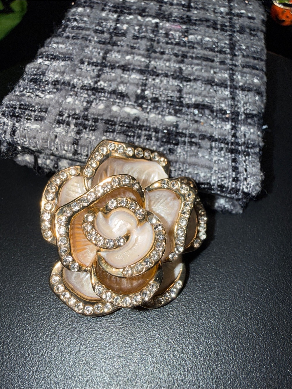Gold-Tone Pink Mother-of-Pearl Flower Brooch with Crystal Accents